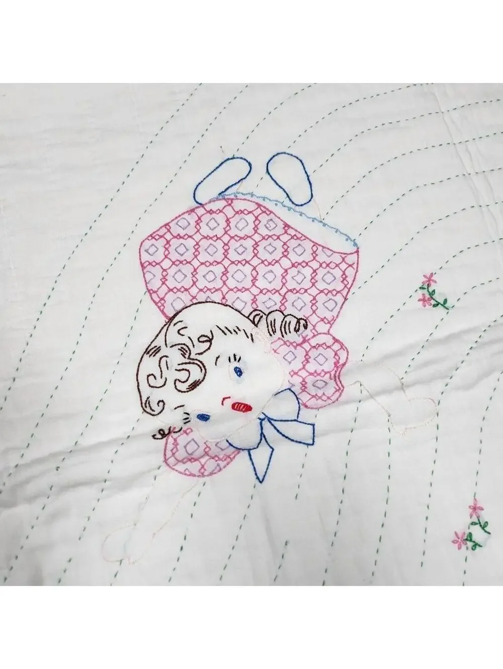 Vintage Handmade Embroidered Baby Quilt Jack and Jill Pail of Water 35 x 45 Inch